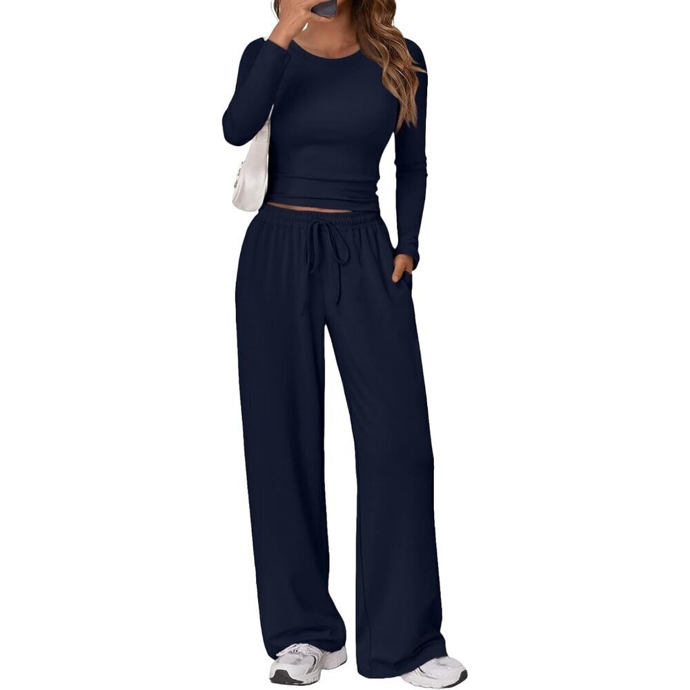 Women's Spandex Lounge Set Crop Top Wide Leg Pants Casual Sweatsuit